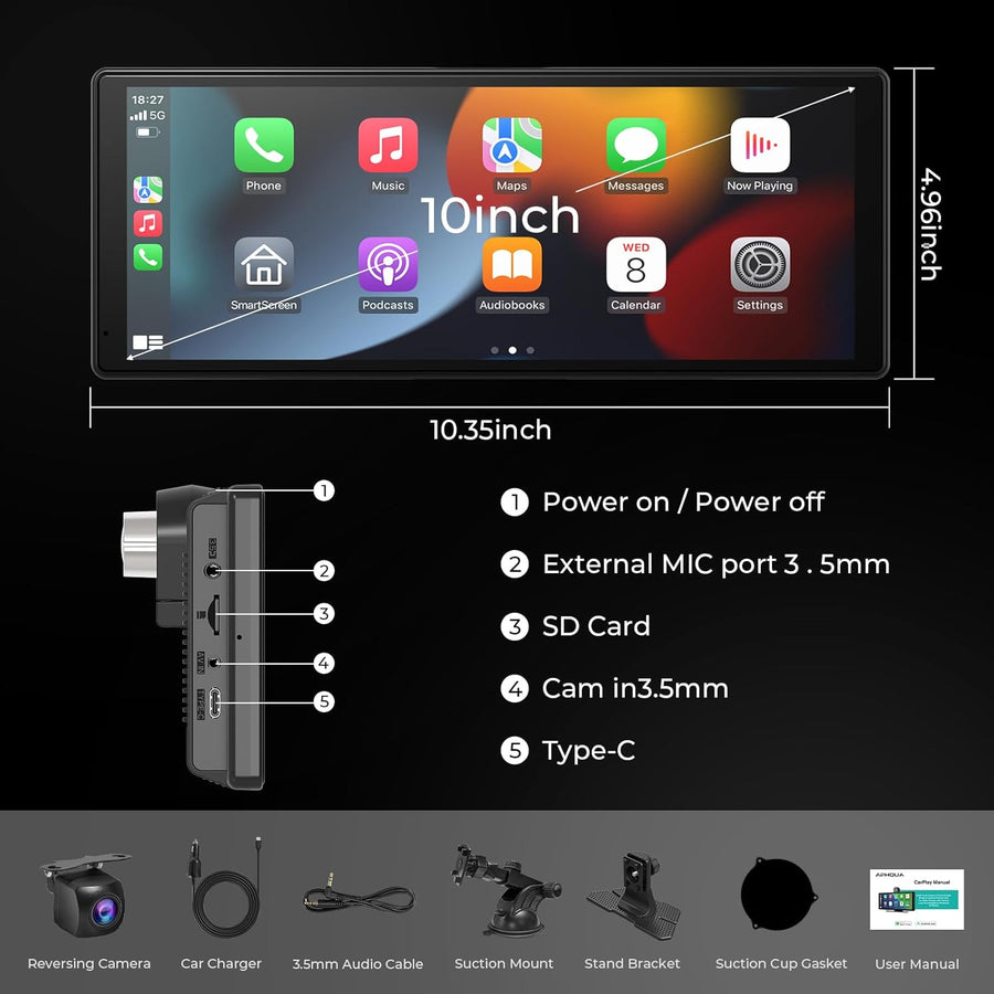 Autoradio sans fil Carplay et Android Auto écran tactile 10,26" : caméra de recul 1080p, Mirror Link, Siri, FM, Bluetooth – Navigation Drive Mate portable