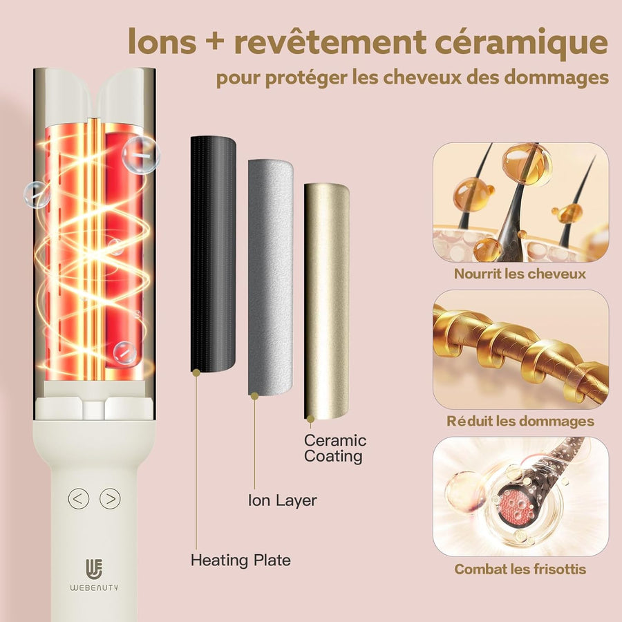 Fer à Boucler Boucleur Cheveux Automatique Ion Négatif Température Réglable 180°- 230°C BLANC
