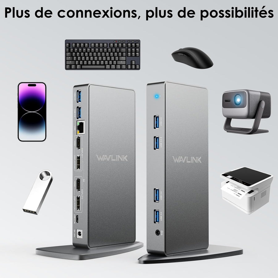Station d'accueil Displaylink, Station d'accueil Universelle USB C avec 2 × HDMI & DP, Ethernet Gigabit, 6 × USB 3.0, Audio, Microphone, Compatible avec Mac OS et Windows