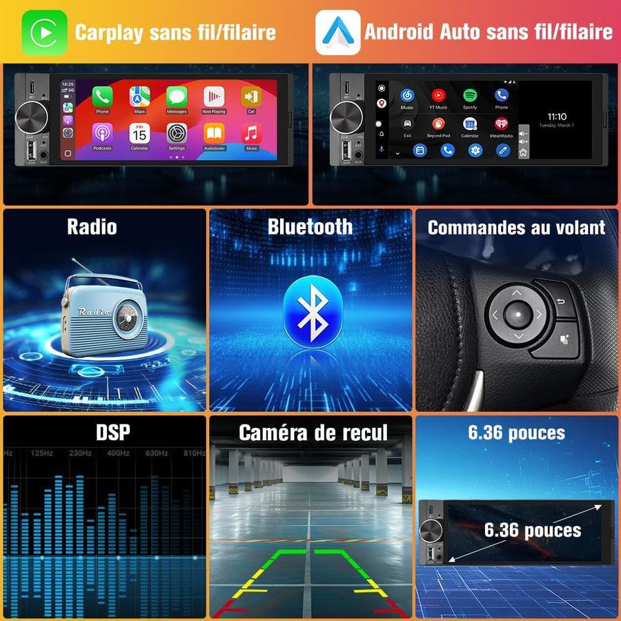 Autoradio 1 DIN avec Écran Tactile HD 6,36" | CarPlay & Android Auto sans Fil | Bluetooth 5.0 | FM | USB Type-C | Commande Vocale | Compatible Caméra de Recul