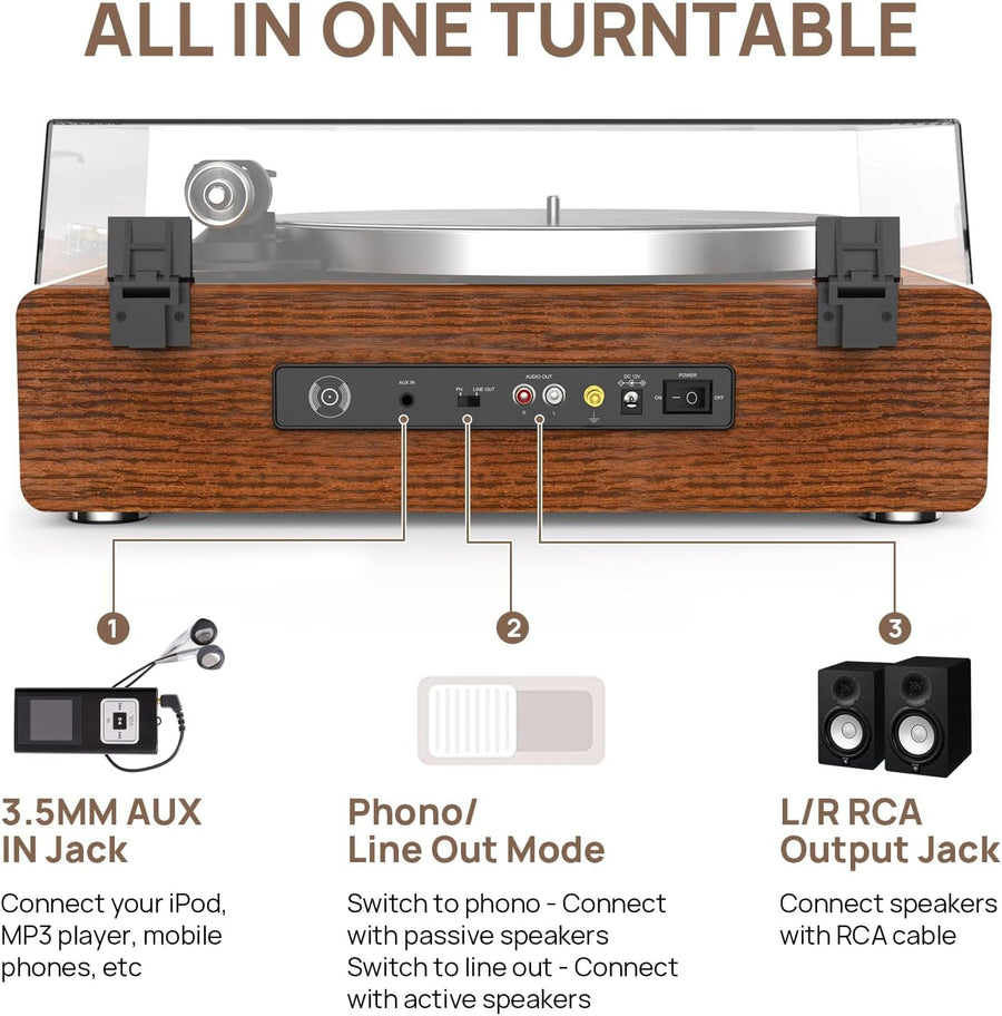 Tourne-disque Haut-parleurs intégrés vinyle tout-en-un prenant en charge la lecture Bluetooth, l'arrêt automatique, la vitesse de 33 et 45 tr/min, la sortie ligne RCA, entrée AUX