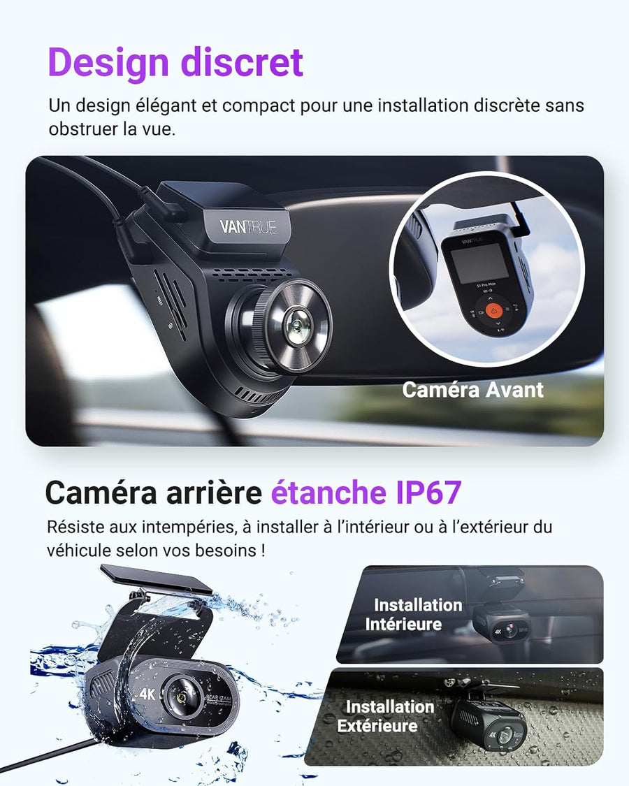 Dashcam Voiture S1 Pro Max 4K+4K Starvis 2 Avant et Arrière, Caméra embarquée 5G Wi-FI Dash Cam GPS 360° HDR Tampon Surveillance de stationnement,Contrôle Vocal Français,LTE en Option Max 1To