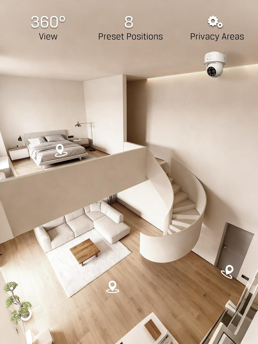 Caméra de Surveillance 4MP Double Objectif, Zoom Hybride 10×, Détection IA Personnes/Véhicules, Vision Nocturne Couleur & Infrarouge 30m, WiFi Double Bande, Étanche IP66, Accès à Distance