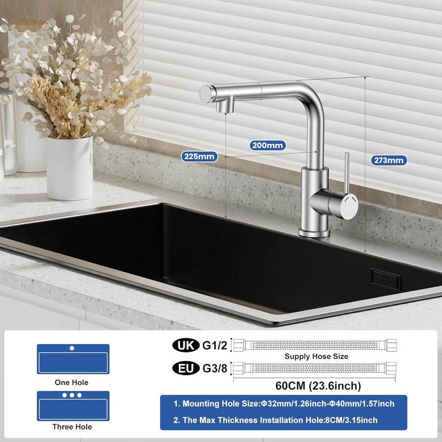 Mitigeur Robinet Cuisine - Robinetterie Evier Escamotable avec Douchette,Pivotant à 360,Deux Types de Jet d'eau,Acier Inoxydable,Forme en L Monolevier pour 1 Trou,Hauteur 27,3 cm NICKEL