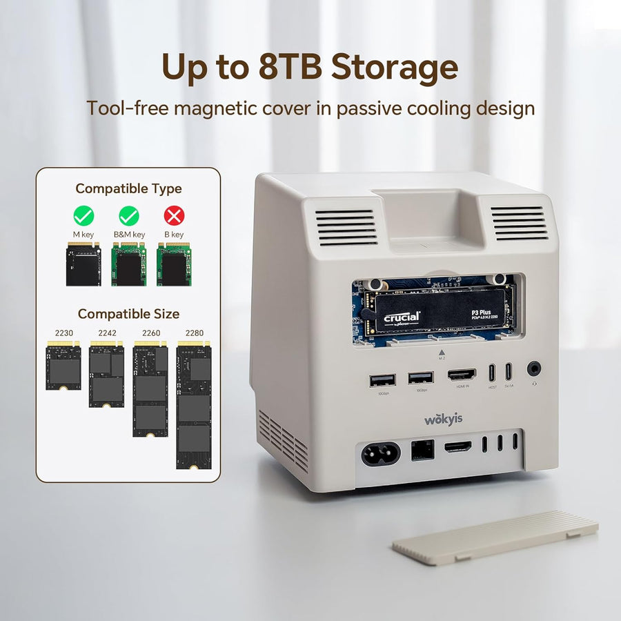 Station d'accueil rétro pour Mac Mini M4, écran HD 5", boîtier SSD M.2 NVMe 10 Gbps, Lecteur de Carte SD/Micro SD 4.0, 4 Ports USB-A, 1 Port USB-C (10 Gbps), Prise Casque 3,5 mm