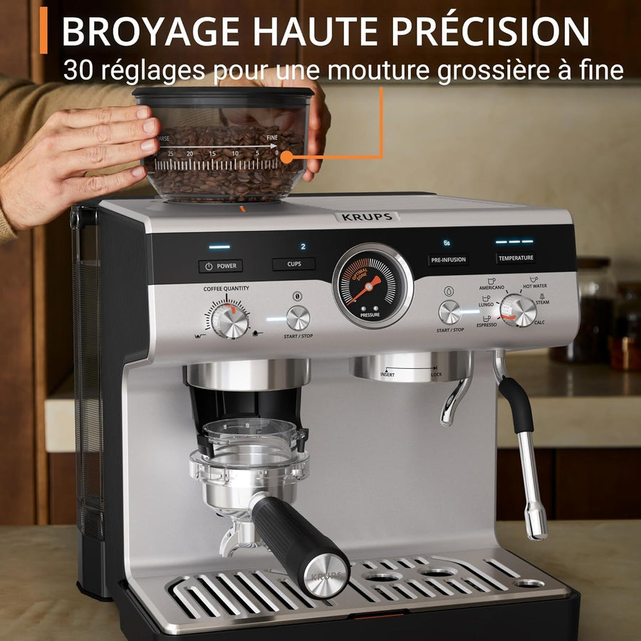 KRUPS Precision, Machine espresso manuelle avec broyeur, Barista, Espresso parfait, Interface intuitive avec accès direct aux réglages, XP801T10, Aluminum