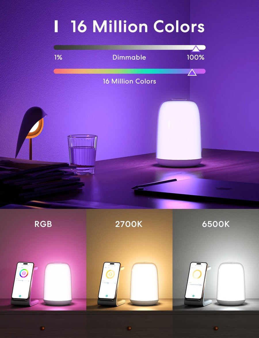 Lampe de Chevet Connectée, Veilleuse LED WiFi RGBWW Multicolore Dimmable avec Commande Vocale et Contrôle à Distance Compatible Assistant Vocaux