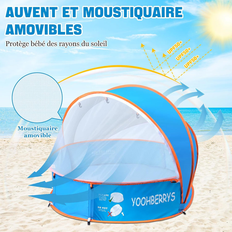 Piscine Bebe avec Pare Soleil 4 en 1, Tente Anti UV Bébé FPS 50+, Tente de Plage Bebe avec Moustiquaire, Pop-Up Piscine de Plage, Petite Piscine Bebe pour Pique-Nique, Jardin