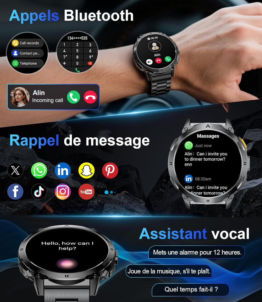Montre Connectée Homme avec 1.62'' AMOLED Écran/LED Lampe/730mAh Batterie,Smartwatch Homme avec 100+ Modes Sportifs,24/7 Moniteur de Fréquence Cardiaque et Sommeil pour Android iOS