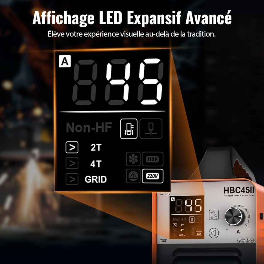 Découpeur Plasma Amélioré 45A, Arc Pilote Non HF, Affichage Numérique LED, IGBT 230V, Coupe en Grille, Max. 15 mm HBC45II