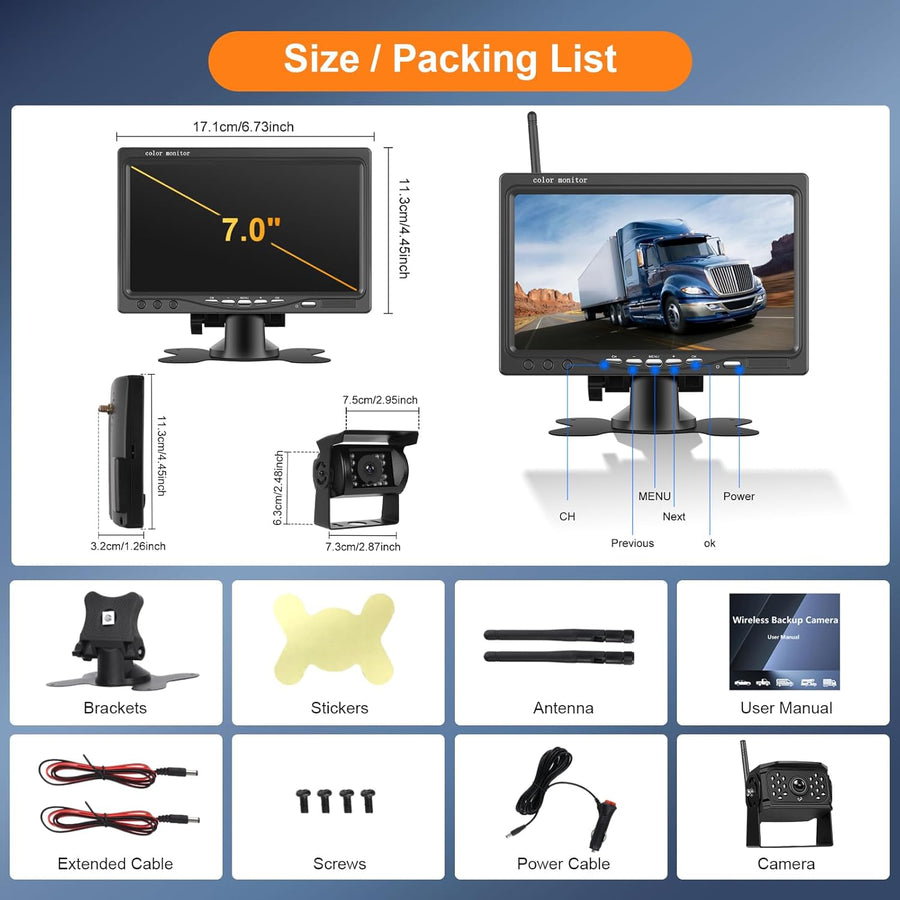 Kit de Caméra de Recul sans Fil IPS HD 7 Pouces avec Caméras, Caméra de Recul avec BSD Étanchéité IP68 Vision Nocturne Super Grand Angle pour 12V-36VV