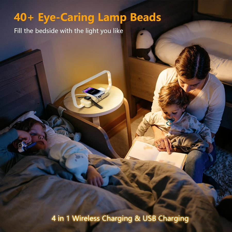 Lampe de Chevet avec Chargeur sans Fil & Port USB, Lampe Table Dimmable 5 Couleurs à Commande Tactile, Station de Charge pour AirPods, Montre & Smartphone