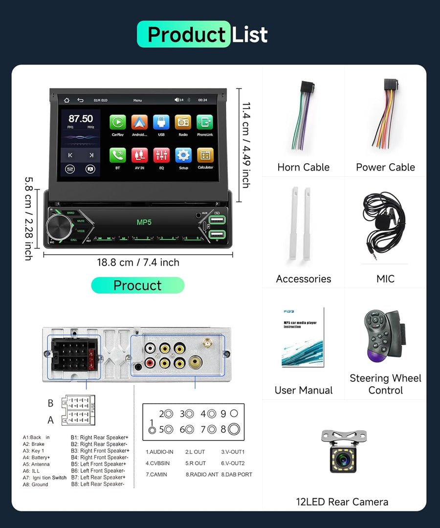 Autoradio Carplay Android Auto sans Fil avec écran rétractable électriquement de 7 Pouces,Radio FM 1 DIN avec Bluetooth, Mirror Link,2 USB/Type-C/SD avec caméra de recul/Commande au Volant
