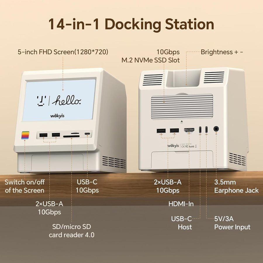 Station d'accueil rétro pour Mac Mini M4, écran HD 5", boîtier SSD M.2 NVMe 10 Gbps, Lecteur de Carte SD/Micro SD 4.0, 4 Ports USB-A, 1 Port USB-C (10 Gbps), Prise Casque 3,5 mm