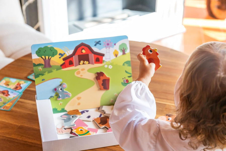 Goula Ferme magnétique Jouet Enfant Eveil 1er Age Jeu Educatif 12 Animaux de la Ferme en Bois magnétique A Assembler 10 Cartes modèles Dès 2 Ans