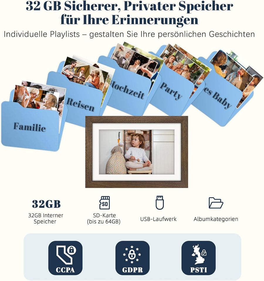 Cadre Photo Numérique WiFi 10.1 Pouces Noyer Bois Mémoire 32 Go, Écran Tactile HD IPS 1280 x 800, Auto-Rotation, Partage de Photos Vidéos Via Frameo APP/USB/SD
