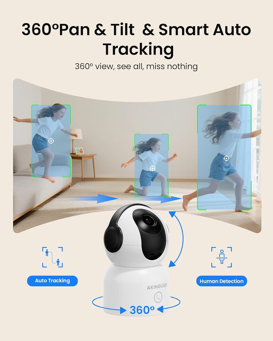 Caméra Surveillance 2K 3MP WiFi intérieure 360° Pan&Tilt Caméra IP, Vision Nocturne, Audio Bidirectionnel, Détection Humaine AI, Suivi de Mouvement, avec Carte Mémoire de 32 Go