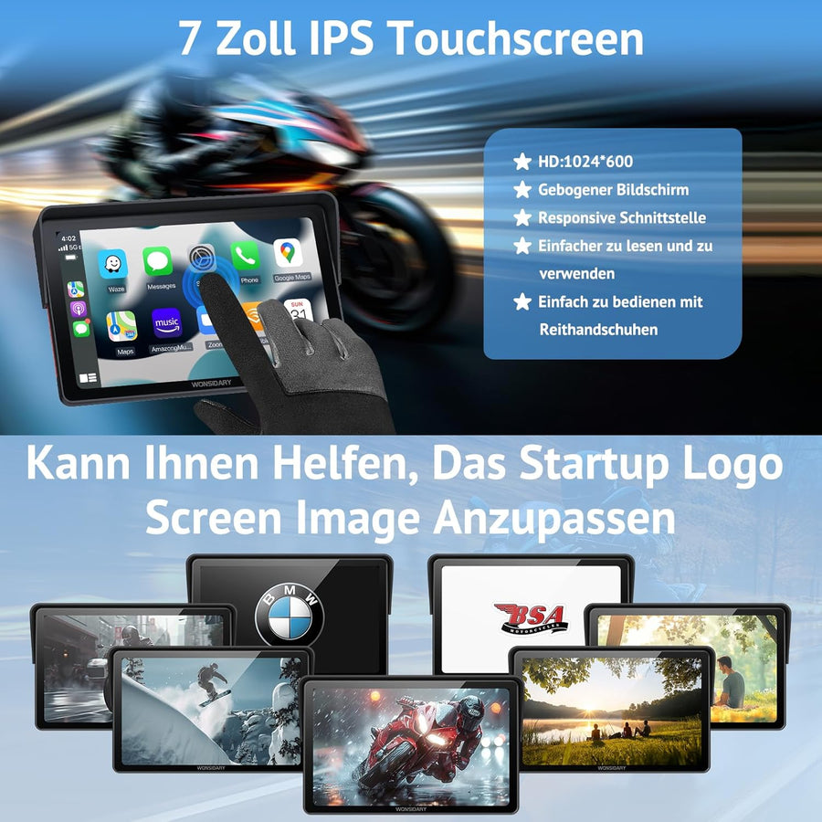 Écran Carplay Moto 7 Pouces,Carplay sans Fil & Android Auto pour Moto,Navigation GPS Moto Étanche IP67 Écran Tactile Étanche,Audio BT, EQ Assistant Vocaux