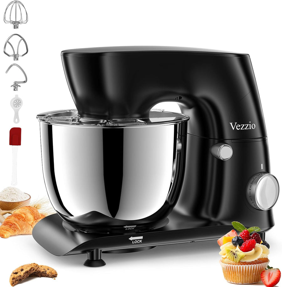 Batteur Sur Socle, 5.5 Qt, 10 Vitesses, TêTe Inclinable, Batteur De Cuisine Avec Bol En Acier Inoxydable, Crochet à Pâte, Fouet, Batteur, Séparateur De Blancs D'Œufs NOIR