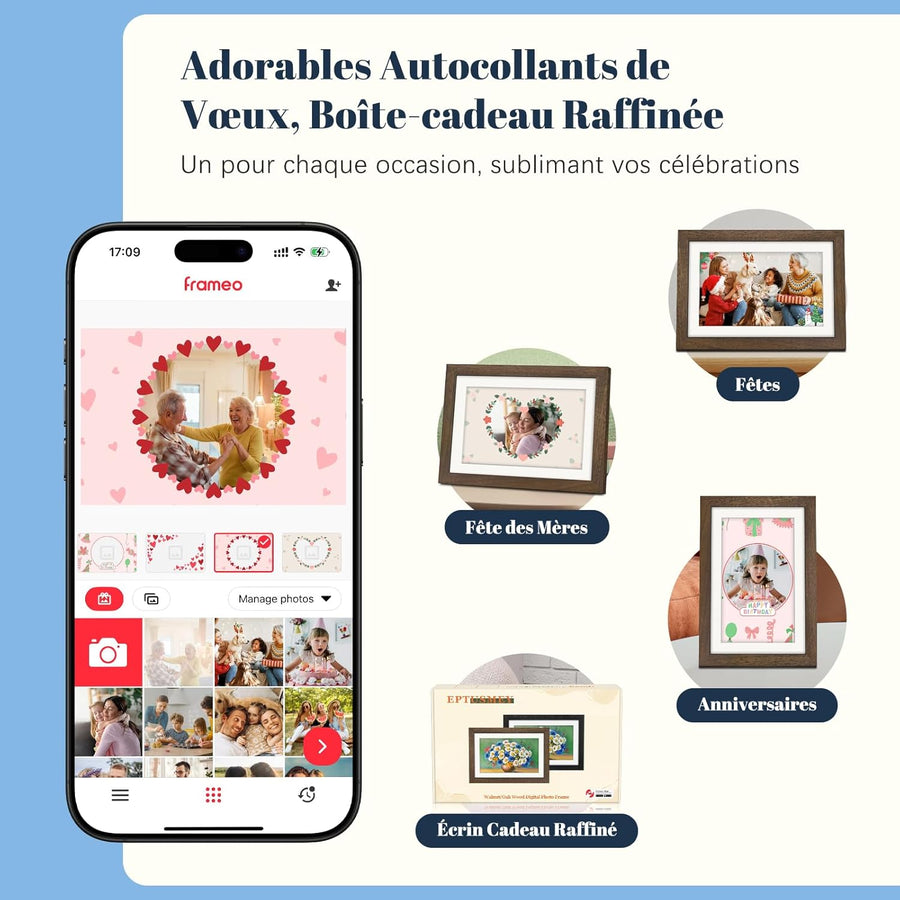 Cadre Photo Numérique WiFi 10.1 Pouces Noyer Bois Mémoire 32 Go, Écran Tactile HD IPS 1280 x 800, Auto-Rotation, Partage de Photos Vidéos Via Frameo APP/USB/SD