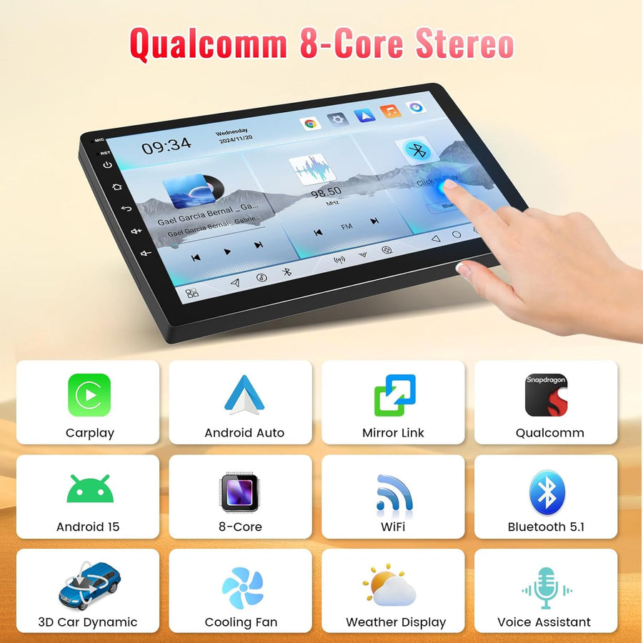 Autoradio 8Cores 4G+64G Android 15 2Din avec Carplay Android Auto sans Fil, Écran Tactile de 9" avec Modèle de Voiture 3D WiFi GPS BT FM/RDS DSP SWC Caméra de Recul MIC
