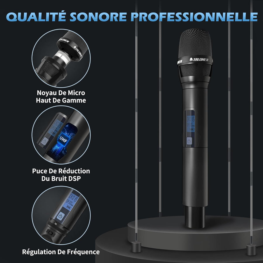 Kit Micro sans Fil UHF Modèle K120 avec 2 Micro Dynamiques en Métal Auto Scan Portée 120m Récepteur Double Canal Idéal pour Chant, Karaoke, Fête BLANC