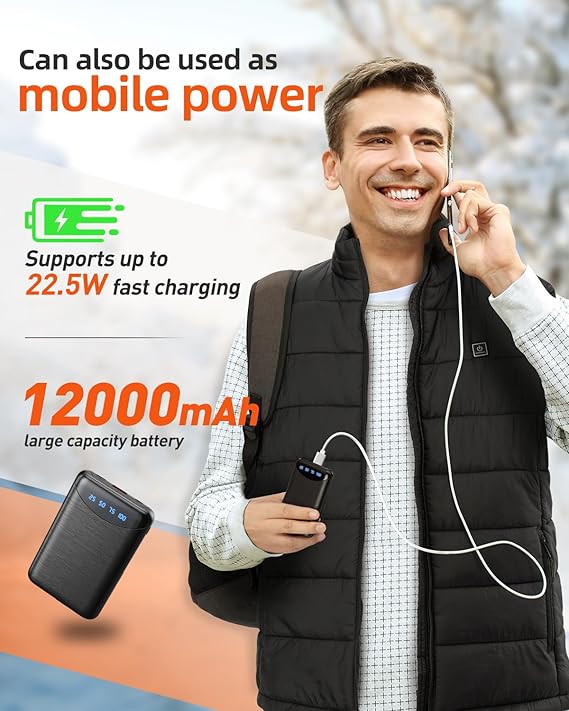 Gilet Chauffant Sans Manche Hiver Double Contrôle Prise USB Batterie Incluse 12000mAh Taille L