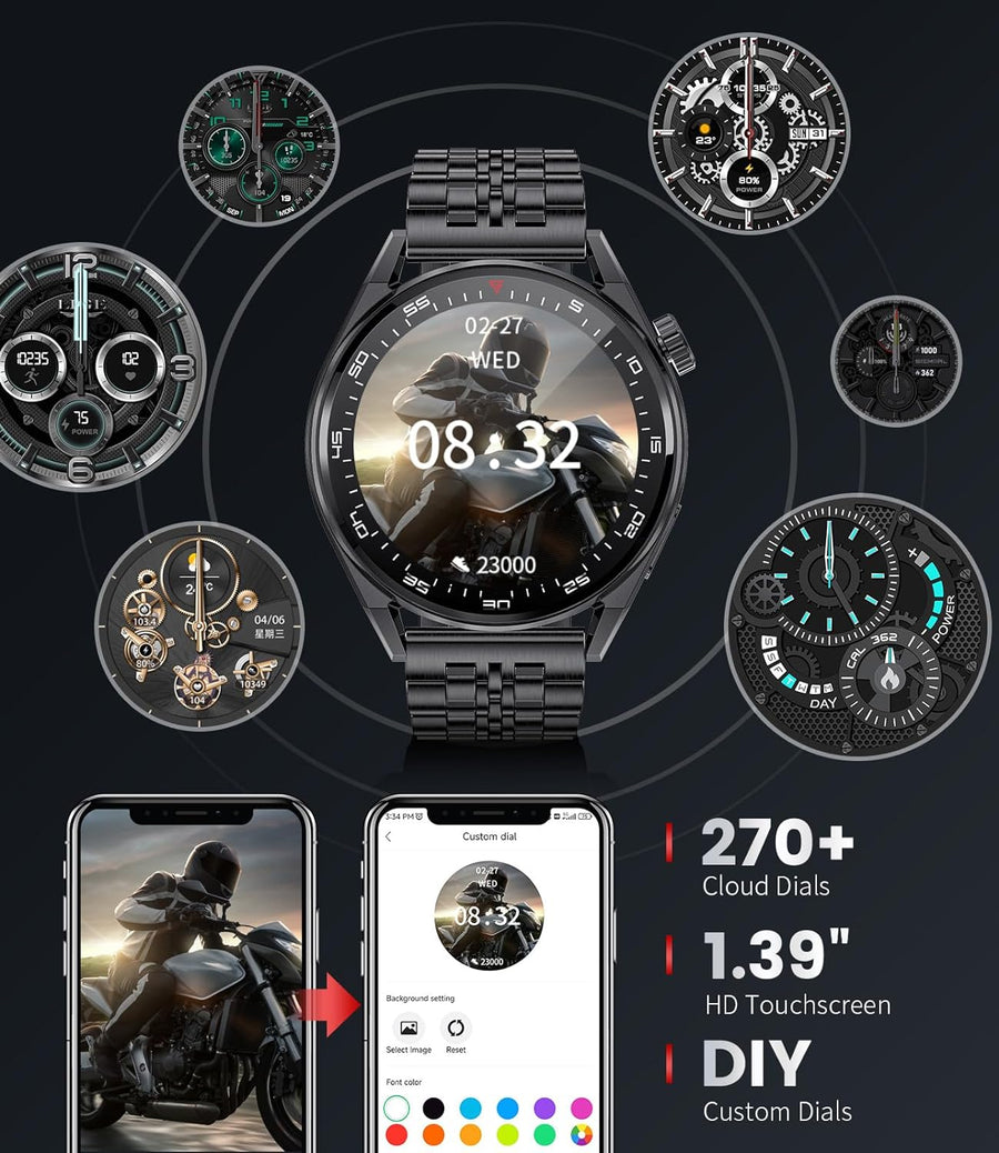 Montre Connectée Appels Bluetooth Assistant Vocal Intégré Ecran 1,39" Etanche Tracker NOIR