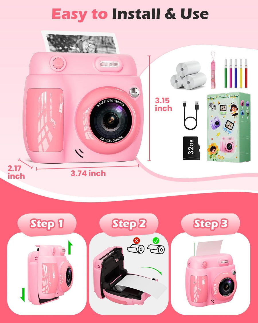 Appareil Photo Instantané Enfant – Cadeau Noël & Anniversaire pour Garçons Filles 3-10 Ans, Jouet Éducatif avec Vidéo 1080P, 20MP, 3 Rouleaux Papier & Carte Mémoire 32GB