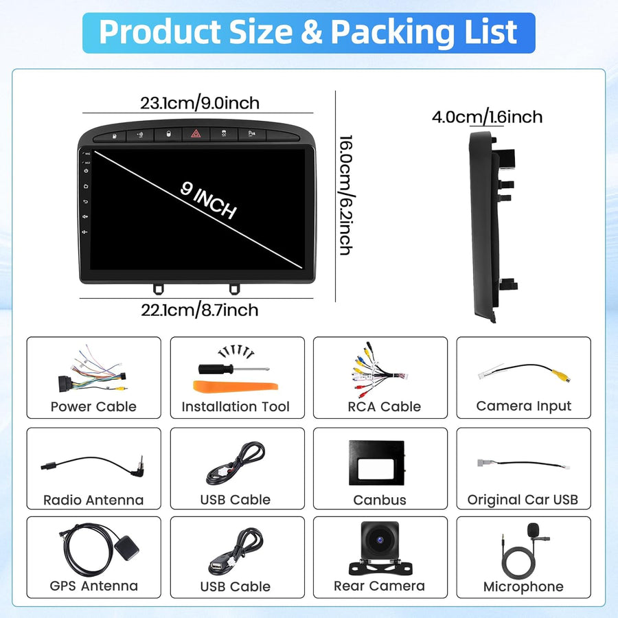 Autoradio Android 4G+64G pour Peugeot 308/408 2007-2015 avec Wireless Carplay&Android Auto, 9'' IPS Touch Screen Radio Voiture avec Bluetooth 5.0/GPS/Caméra de recul/FM/WiFi/SWC