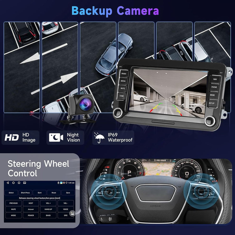 Autoradio 7" Bluetooth pour VW Golf 5 6 Polo Passat Skoda Touran Seat Carplay sans Fil Android Auto, WiFi GPS Navi HiFi RDS/Radio FM 2 DIN avec caméra de recul AHD/DVR/Canbus