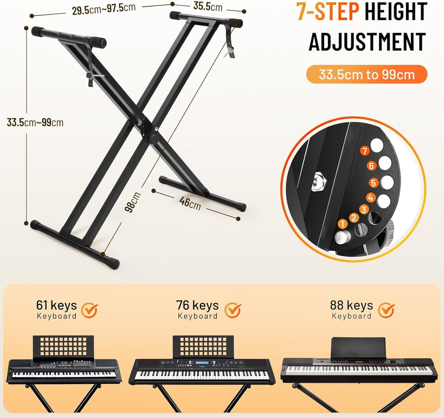 Support de clavier et banc de clavier - 6 niveaux réglables en hauteur - Double X-Frame - Pour clavier de 61, 76 et 88 touches - Charge maximale : 168 kg