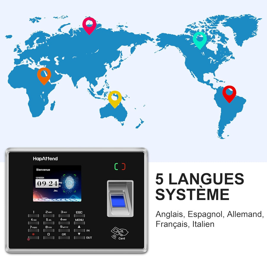 Pointeuse Horaire Personnel Francais Empreinte Digitale Badgeuse Badge Carte Employés Petites Entreprises jusquà 1000 utilisateurs sans WiFi 0 Frais Mensuels Scan