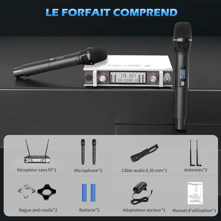Kit Micro sans Fil UHF Modèle K120 avec 2 Micro Dynamiques en Métal Auto Scan Portée 120m Récepteur Double Canal Idéal pour Chant, Karaoke, Fête BLANC