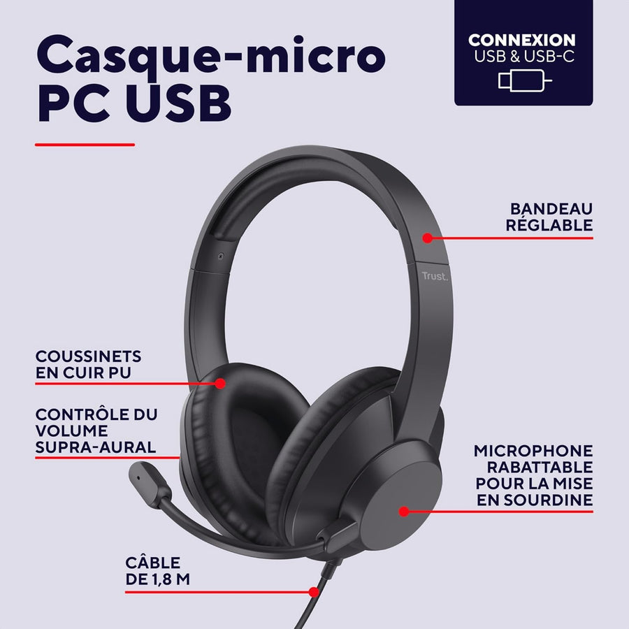 Trust Roha II Max Casque USB avec Micro Over Ear, Câble 1,8 m, 85% Plastiques Recyclés, Casque Audio PC Filaire USB-C pour Ordinateur Portable Bureau Teletravail Chat Zoom Teams NOIR