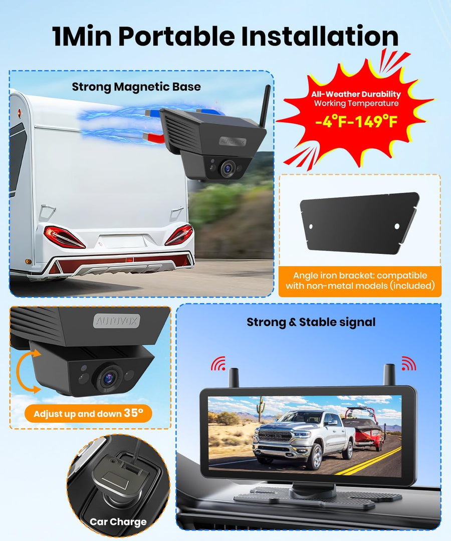 Camera de Recul sans Fil Solar avec Moniteur 7.2" 1080P HD: 1 Min Installation Rapide, avec Sac de Rangement, IP69K Imperméable