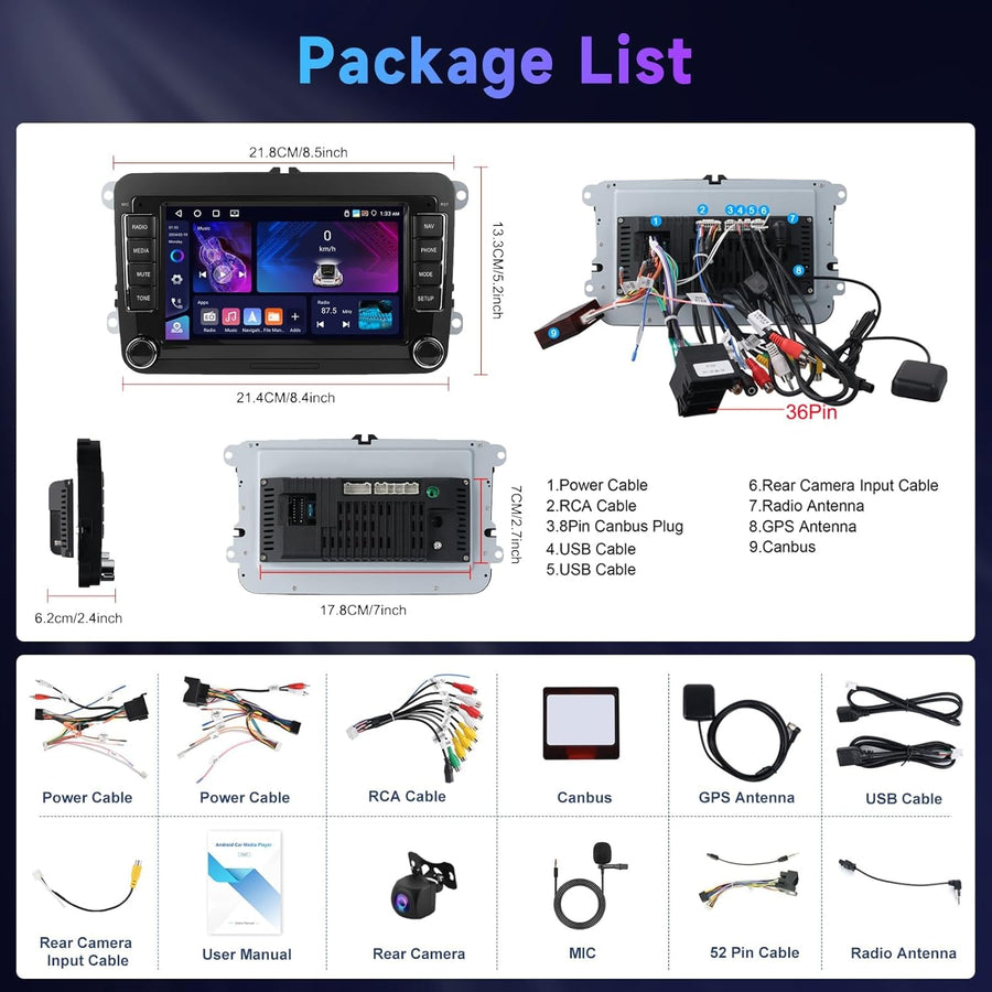 Autoradio 7" Bluetooth pour VW Golf 5 6 Polo Passat Skoda Touran Seat Carplay sans Fil Android Auto, WiFi GPS Navi HiFi RDS/Radio FM 2 DIN avec caméra de recul AHD/DVR/Canbus