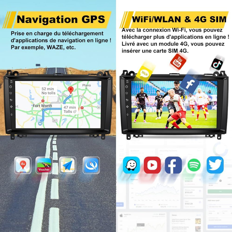Autoradio 6Go+128Go Android 13 pour Mercedes-Benz Vito Viano Sprinter W639/Classe B W245 W169 avec 4G Carplay 9 Pouces Écran Tactile avec GPS Android Auto/WiFi/RDS/FM/SWC/Aide au Parking