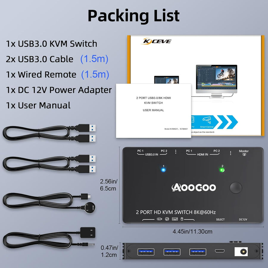 Commutateur KVM 2 ordinateurs 1 moniteur 8K à 60 Hz/4K à 120 Hz Commutateurs KVM HDMI Télécommande filaire, alimentation et câble USB 3.0 inclus