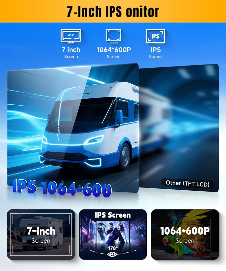 Caméra de recul 1080P avec écran IPS 7 Pouces,kit d'aide au stationnement,1024 x 600,IP69 AHD Vision Nocturne pour SUV, camionnette, Camping-Car, avec Pare-Soleil, câble de 15 m, 12-24 V