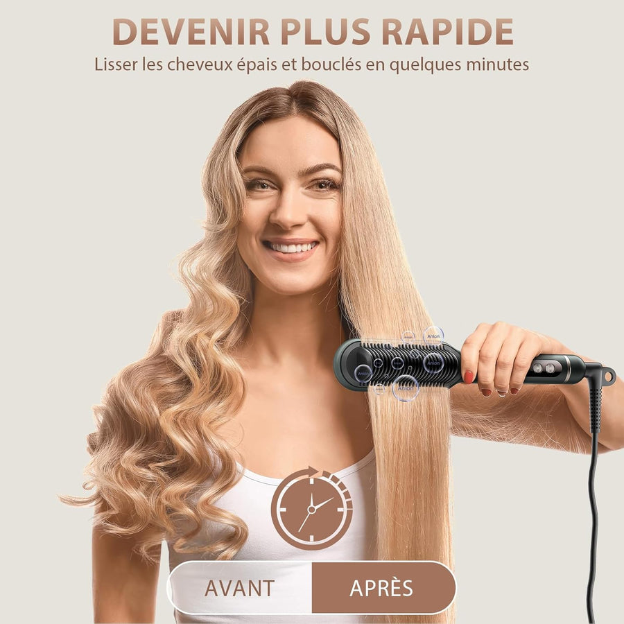Brosse Lissante Pour Cheveux Ionique Lisseur Cheveux, Peigne Chauffant Professionnel Peigne de fer à lisser avec 9 Réglages de Température et Écran LCD