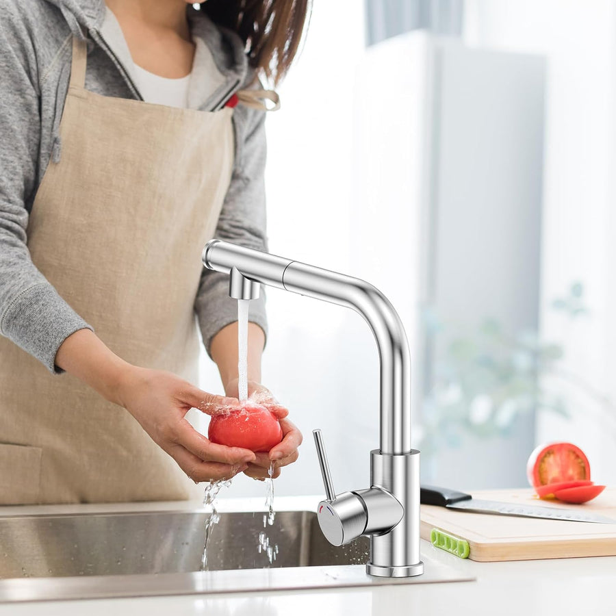 Mitigeur Robinet Cuisine - Robinetterie Evier Escamotable avec Douchette,Pivotant à 360,Deux Types de Jet d'eau,Acier Inoxydable,Forme en L Monolevier pour 1 Trou,Hauteur 27,3 cm NICKEL