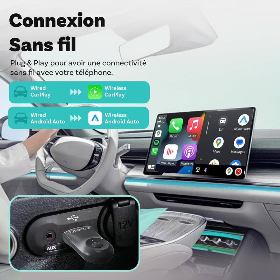 Adaptateur sans Fil Android Auto et Carplay Brancher et à Jouer WiFi 5,8 GHz, Conversion Filaire en Dongle Carplay sans Fil Voitures Compatibles avec AA Filaire et CP