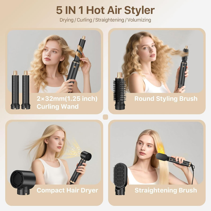 Air Brush 5 en 1, Brosse soufflante Sèche-Cheveux Multifonction Avec 3 Temp, Air Chaud Hair Styler pour Femme Sécher Boucler Lisser et Donner du Volume NOIR