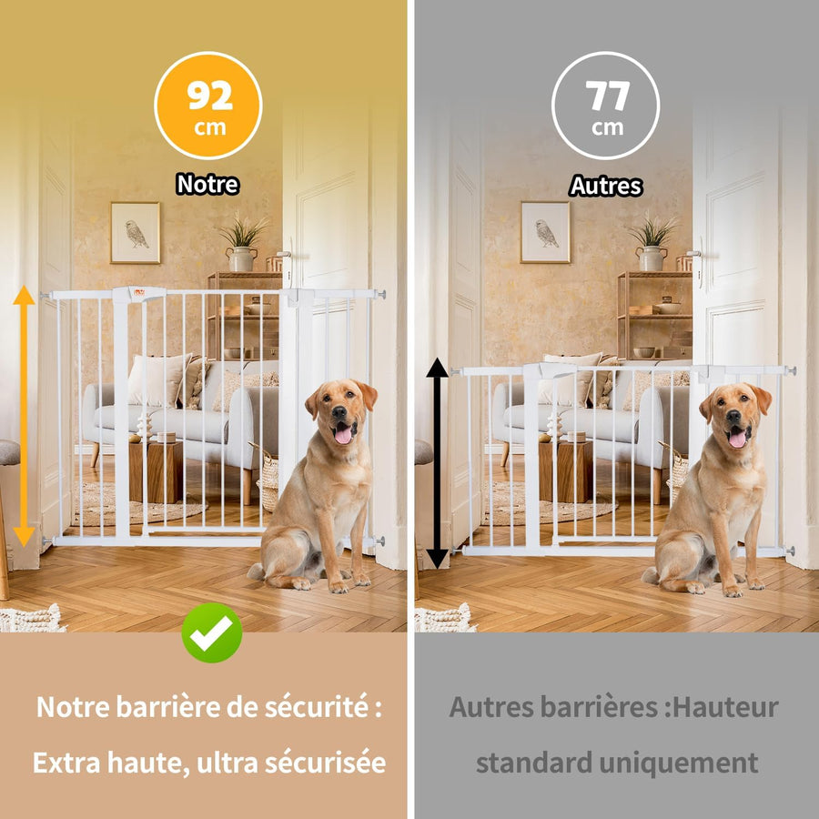 Barriere de Securite Enfant, sans perçage, Extra Haute, 92 cm de Hauteur, 75 à 124 cm de Large, avec 3 rallonges, pour Enfants, Chiens et Chats, Fermeture Automatique et arrêt à 90° BLANC