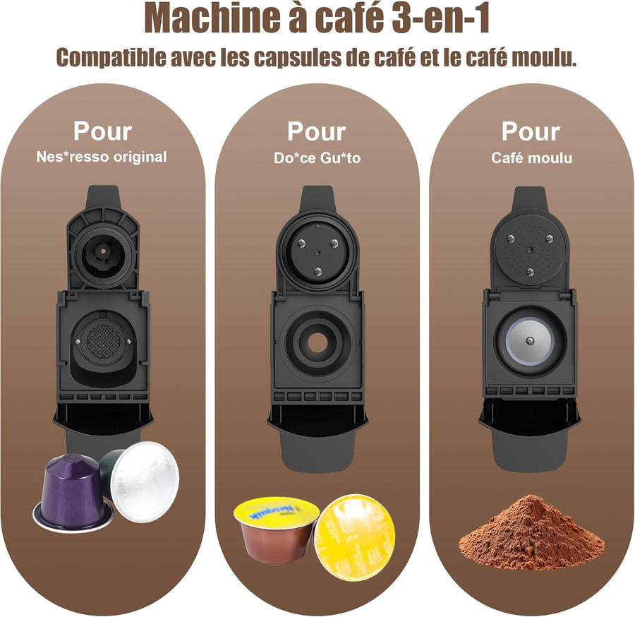 Machine à café 3 en 1, pour Nespresso Original/pour Dolce Gusto et le café moulu, réservoir d'eau d'une capacité de 600 ml