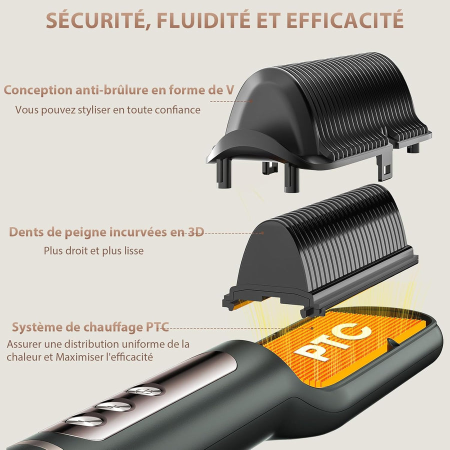 Brosse Lissante Pour Cheveux Ionique Lisseur Cheveux, Peigne Chauffant Professionnel Peigne de fer à lisser avec 9 Réglages de Température et Écran LCD