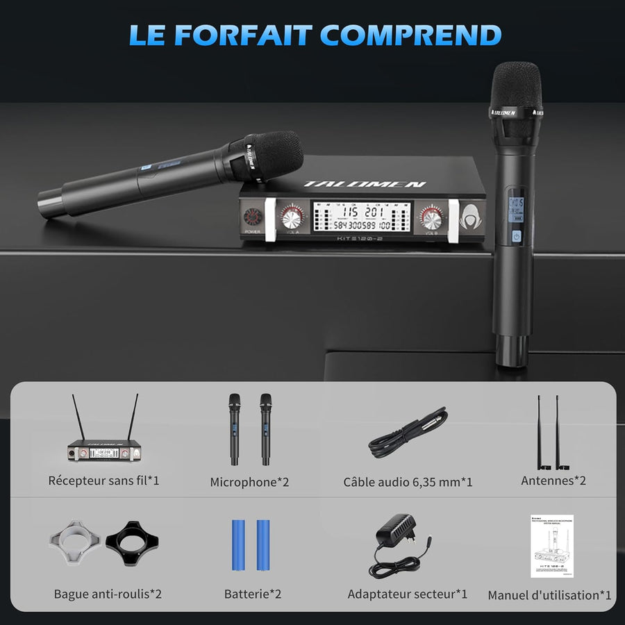 Micro sans Fil UHF, Set de 2 Microphones à Main Dynamiques en Métal, Auto Scan, Portée 120 m, Récepteur Double Canal, Idéal pour Chant, Karaoke, Fête, DJ, Église – K120 NOIR