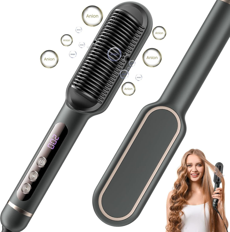 Brosse Lissante Pour Cheveux Ionique Lisseur Cheveux, Peigne Chauffant Professionnel Peigne de fer à lisser avec 9 Réglages de Température et Écran LCD