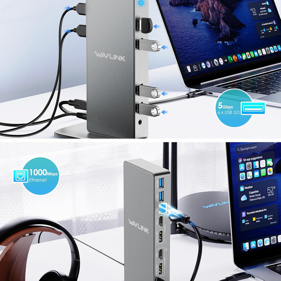 Station d'accueil Displaylink, Station d'accueil Universelle USB C avec 2 × HDMI & DP, Ethernet Gigabit, 6 × USB 3.0, Audio, Microphone, Compatible avec Mac OS et Windows